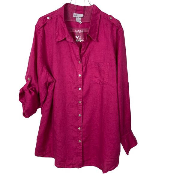 Soft Surroundings Pink Linen Blouse Tunic 3X Roll Tab Sleeve Button Up Fuschia - Picture 2 of 7
